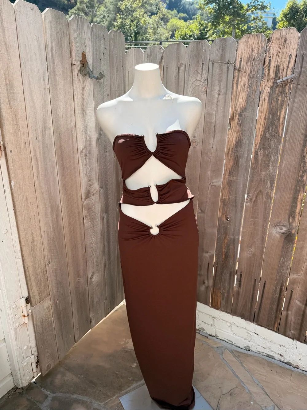 Peppermayo Brown Cutout Strapless Maxi Dress with Ring Details size 10 NWT